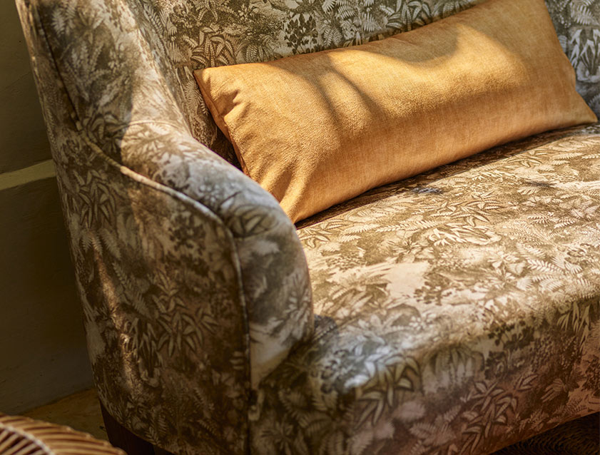 Grassington 2 Seater Sofa in RHS Botanicals on Velvet Ferns Toile Olive with scatter in Almost Plain Velvet Harvest Detail